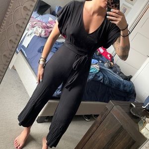 Stretch knit tie waist jumpsuit